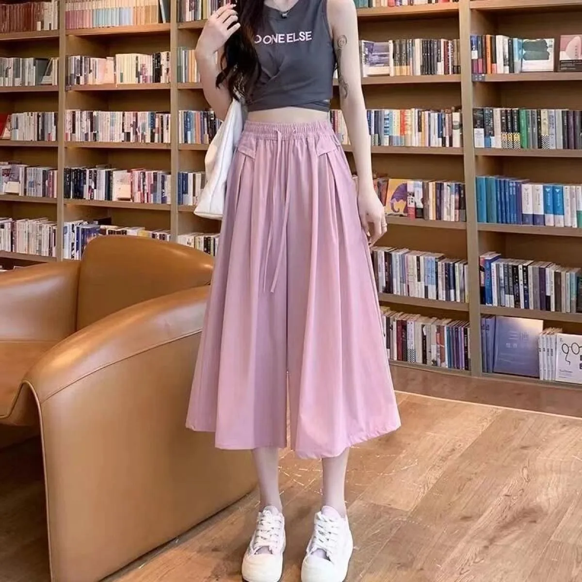Pantaloni gonna da donna Pantaloni elasticizzati in vita di cotone Pantaloni corti a gamba larga Pantaloni casual tascabili Pant