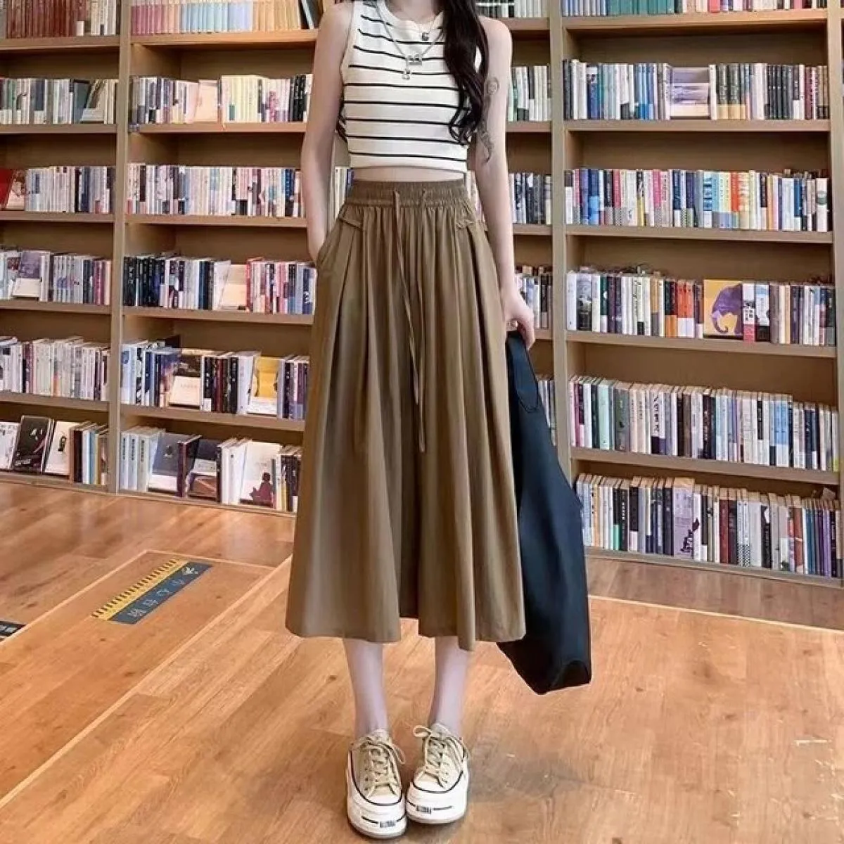 Pantaloni gonna da donna Pantaloni elasticizzati in vita di cotone Pantaloni corti a gamba larga Pantaloni casual tascabili Pant