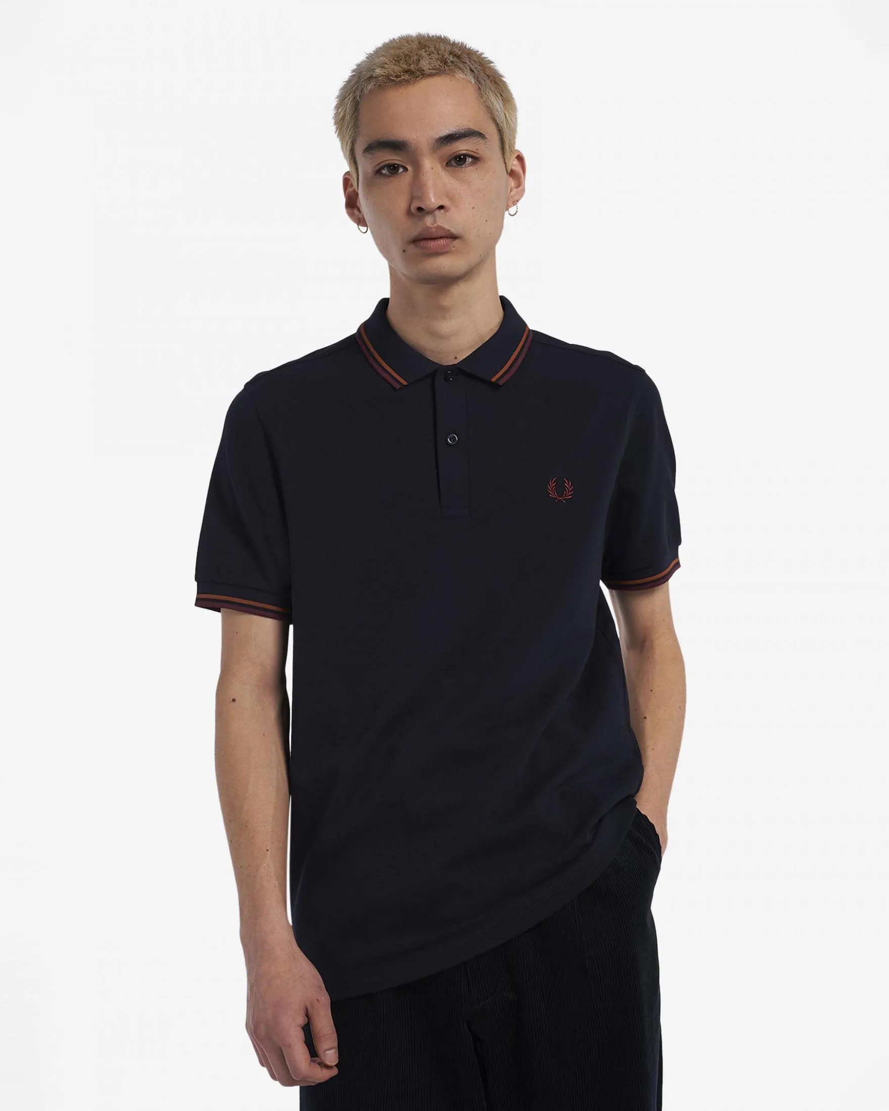 Polo mezza manica blu con bordino bordeaux e caramello