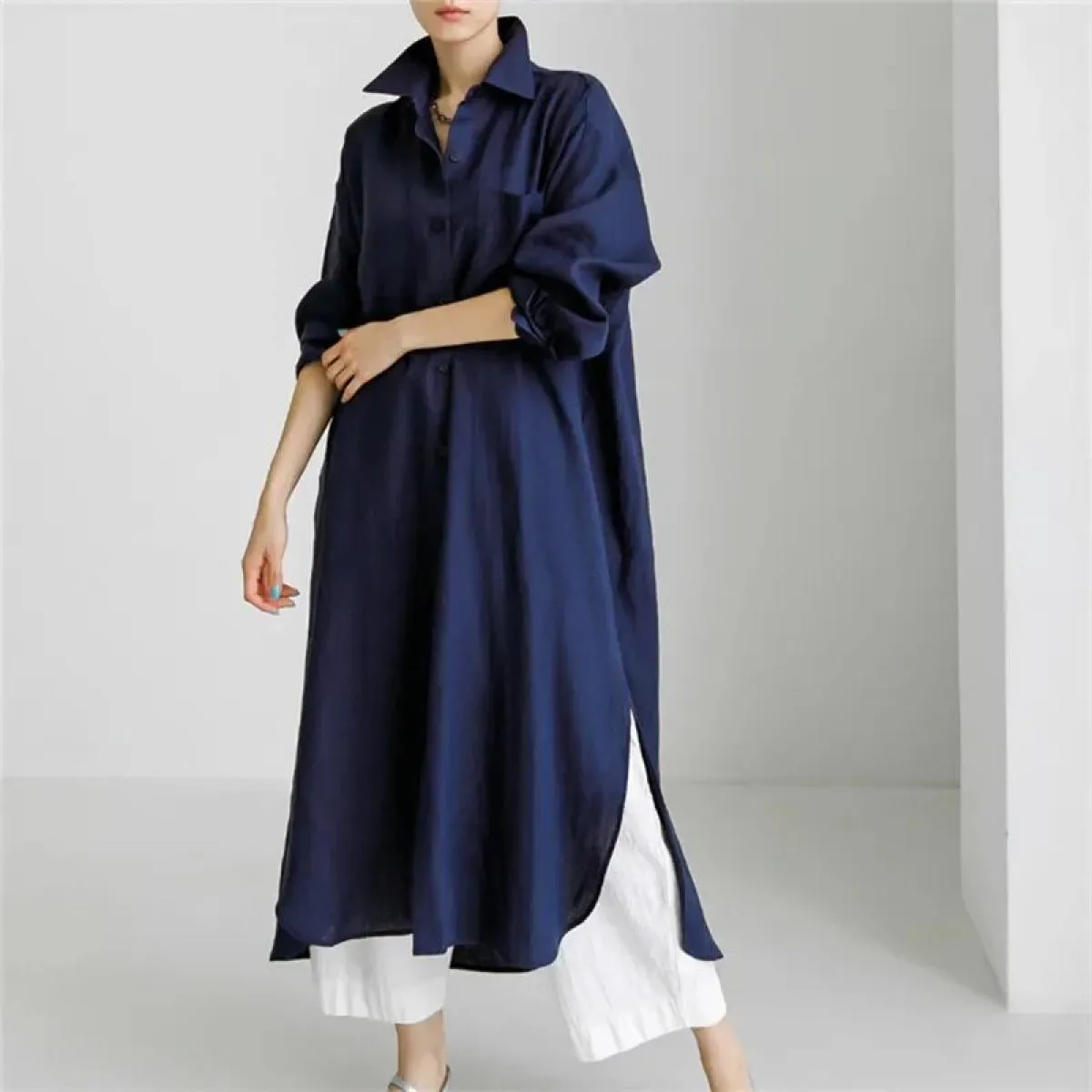 Primavera Autunno New Loose Chic Abito camicia sopra il ginocchio Camicia lunga in lino di cotone diviso da donna 2023