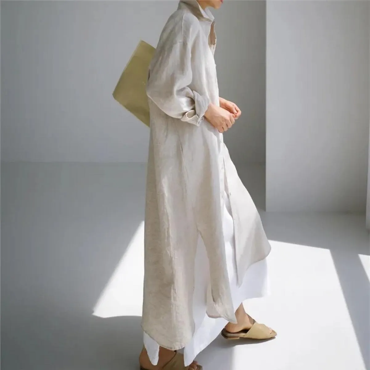 Primavera Autunno New Loose Chic Abito camicia sopra il ginocchio Camicia lunga in lino di cotone diviso da donna 2023
