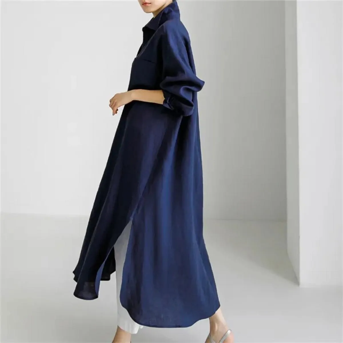 Primavera Autunno New Loose Chic Abito camicia sopra il ginocchio Camicia lunga in lino di cotone diviso da donna 2023