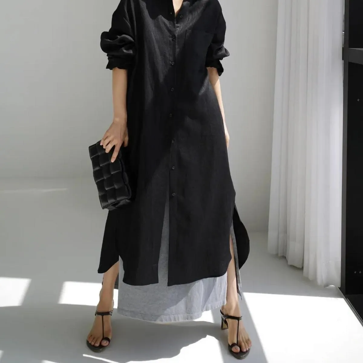 Primavera Autunno New Loose Chic Abito camicia sopra il ginocchio Camicia lunga in lino di cotone diviso da donna 2023