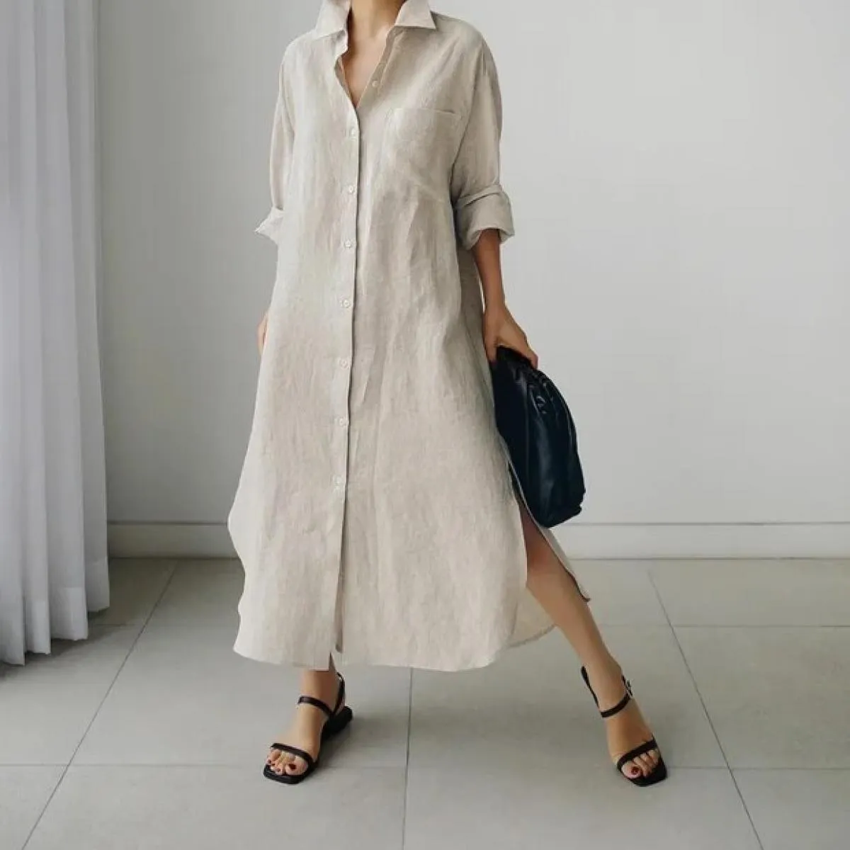 Primavera Autunno New Loose Chic Abito camicia sopra il ginocchio Camicia lunga in lino di cotone diviso da donna 2023
