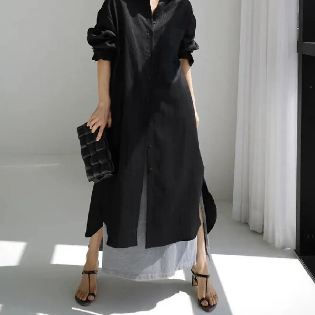 Primavera Autunno New Loose Chic Abito camicia sopra il ginocchio Camicia lunga in lino di cotone diviso da donna 2023