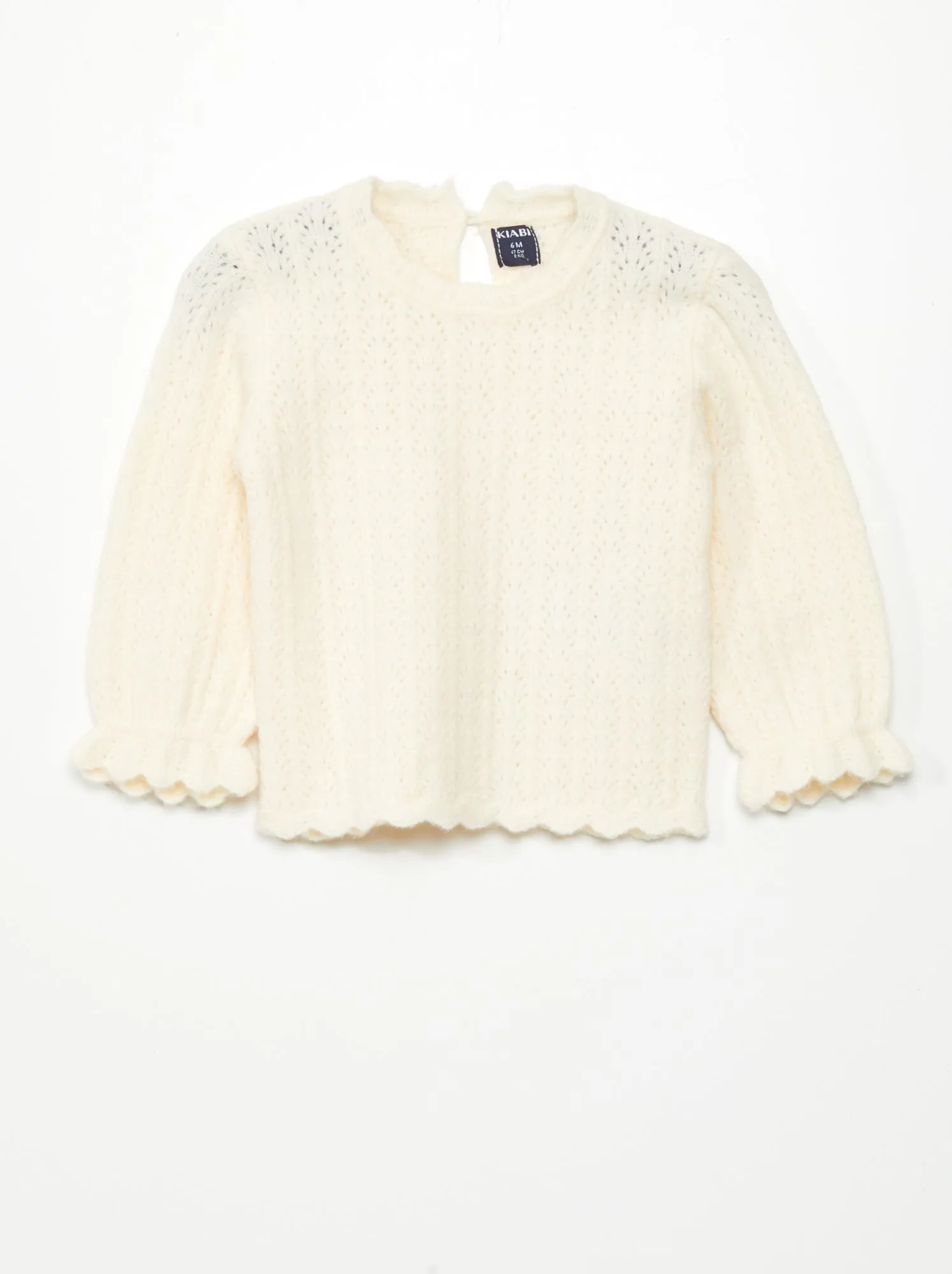 Pullover scollo tondo con finiture con volant - BIANCO