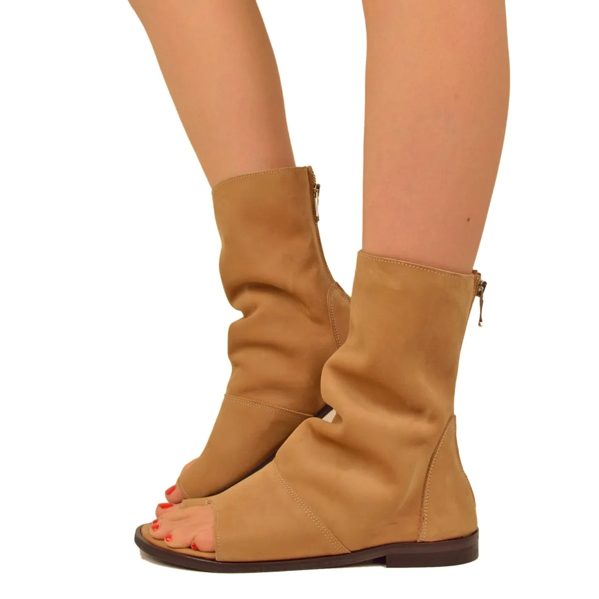 Sandali a Stivaletto Donna color Sabbia in Pelle Nabuk con Zip