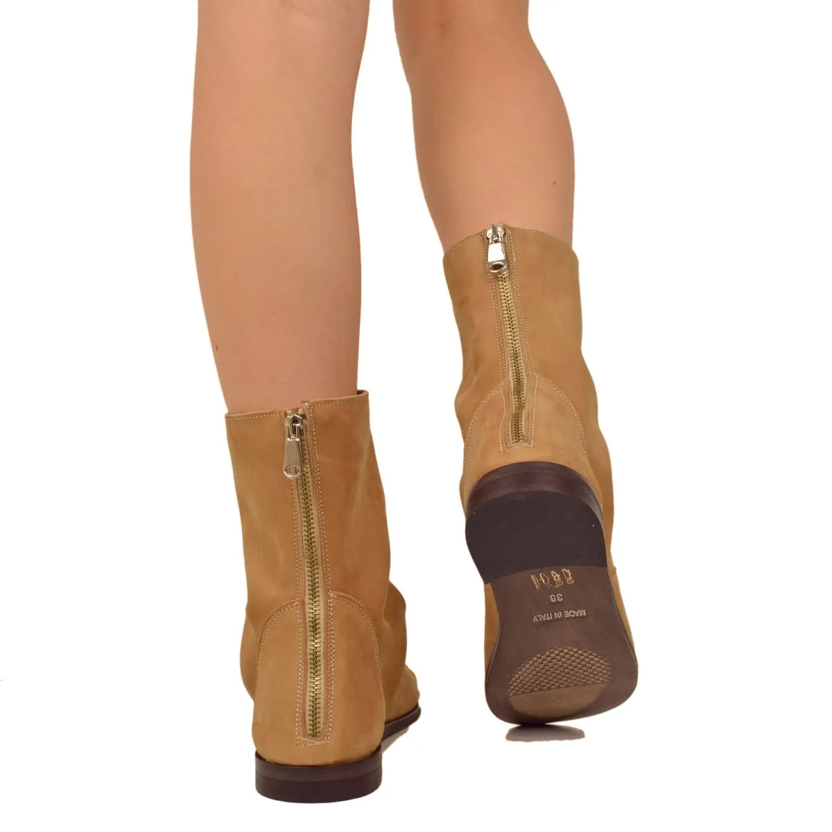 Sandali a Stivaletto Donna color Sabbia in Pelle Nabuk con Zip