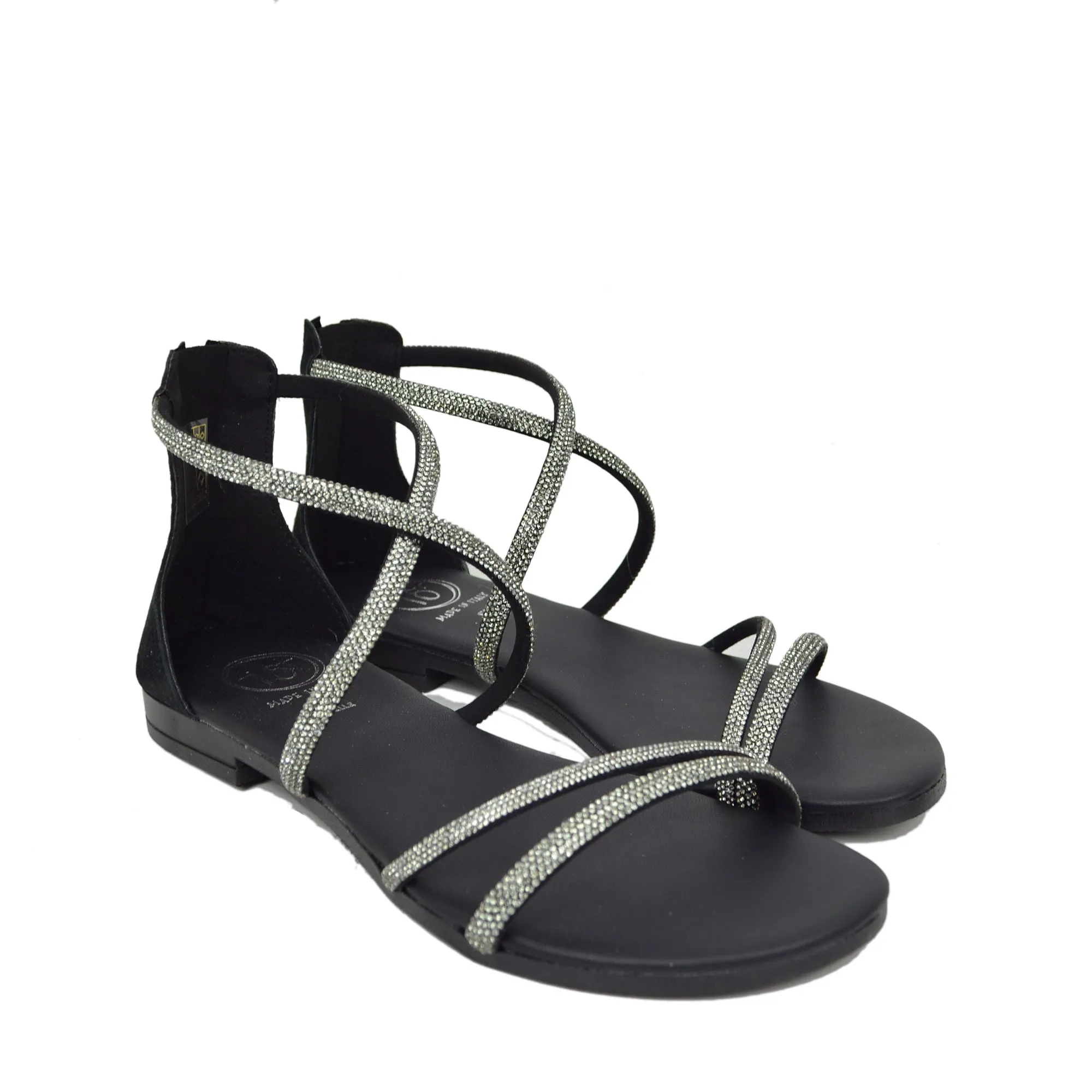 Sandali Donna Nero in Pelle Scamosciata con Strass Made in Italy