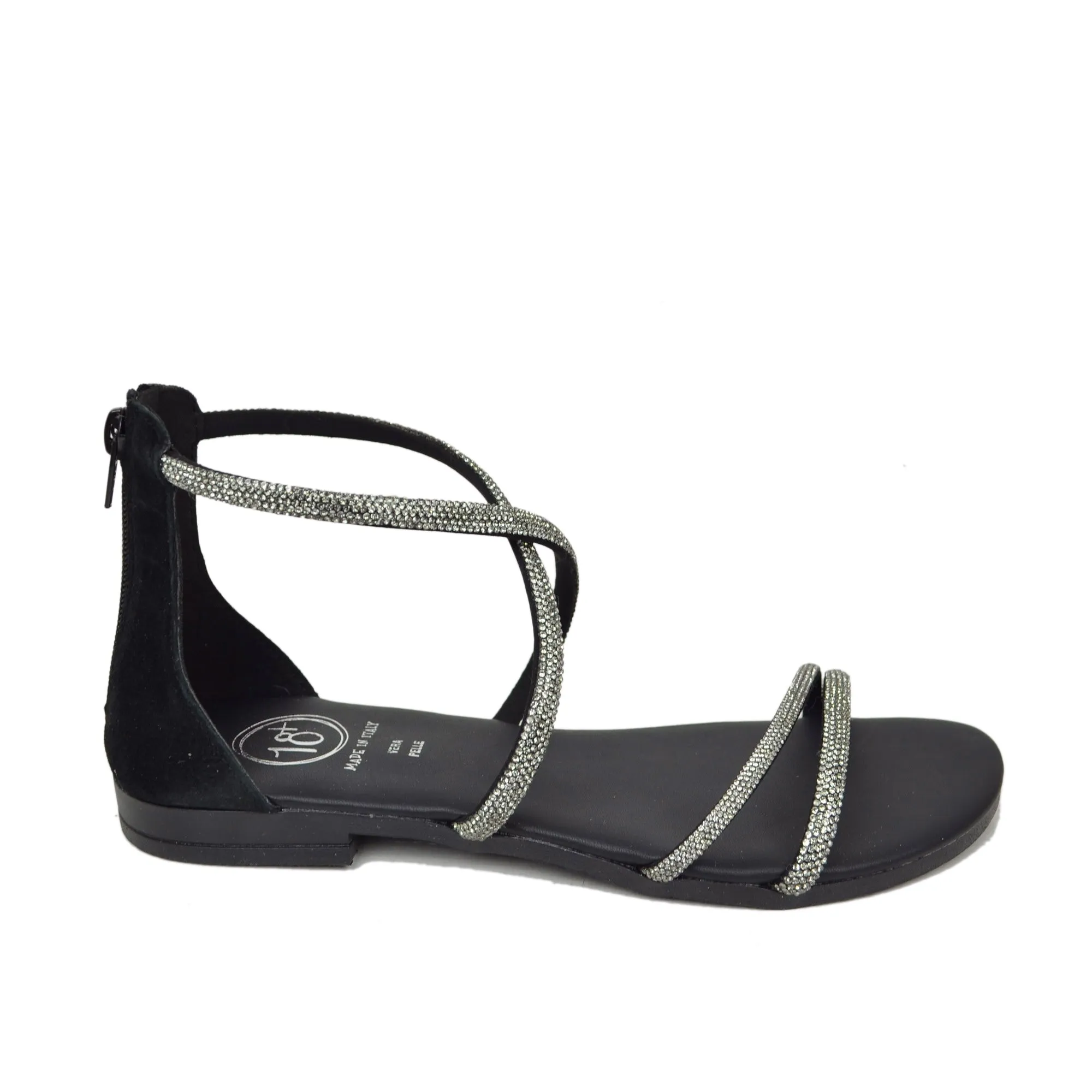 Sandali Donna Nero in Pelle Scamosciata con Strass Made in Italy