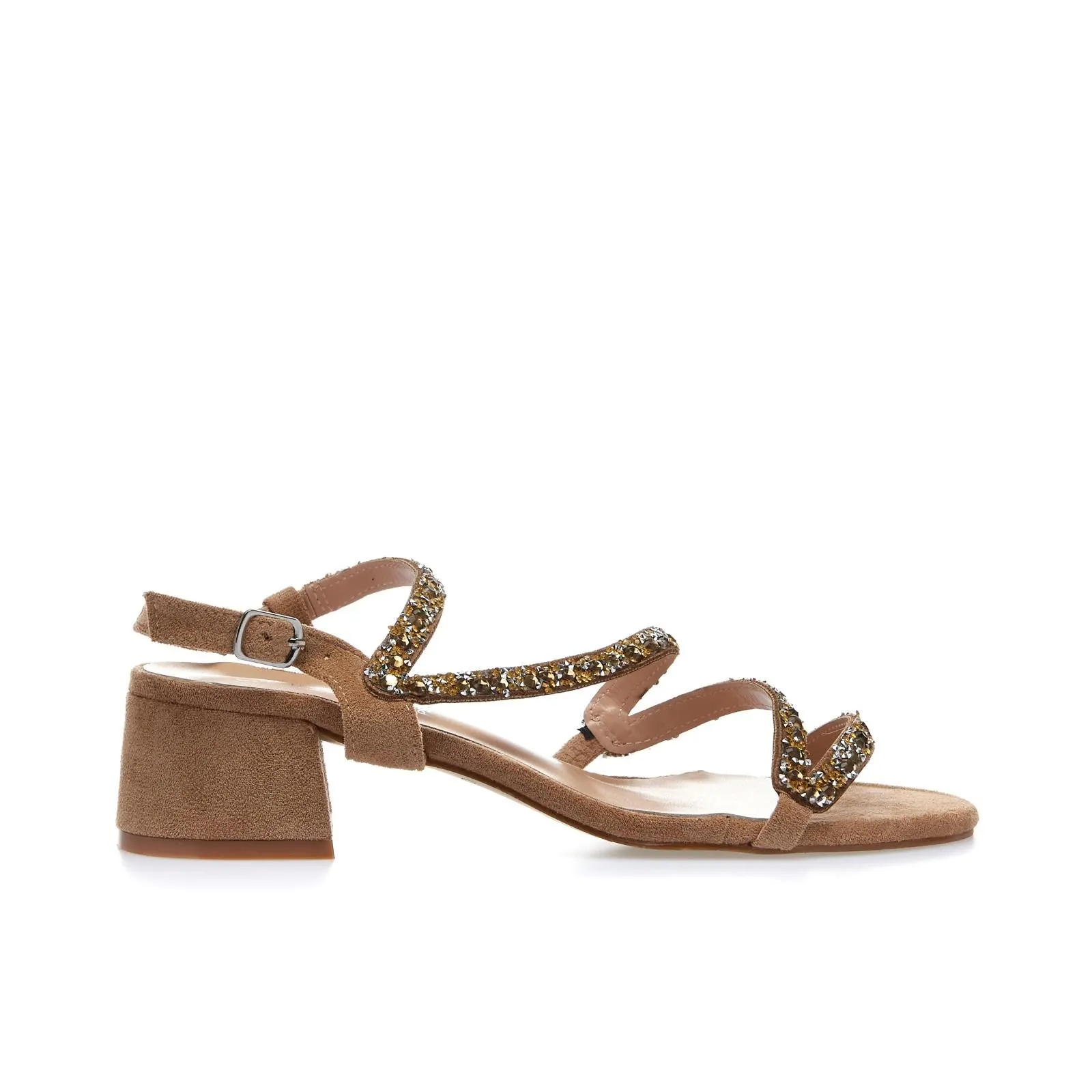 Sandali marroni con tacco con borchie e strass
