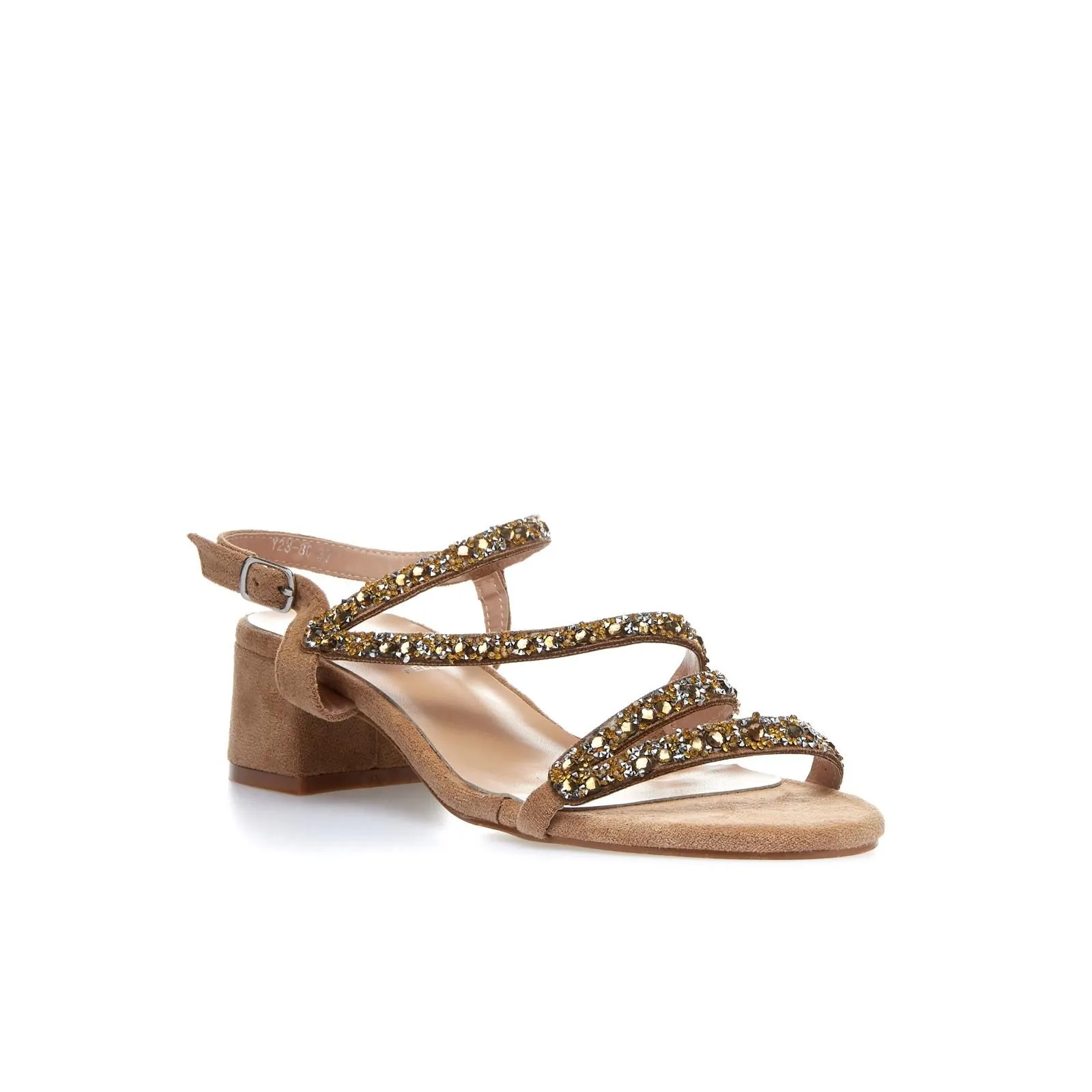 Sandali marroni con tacco con borchie e strass
