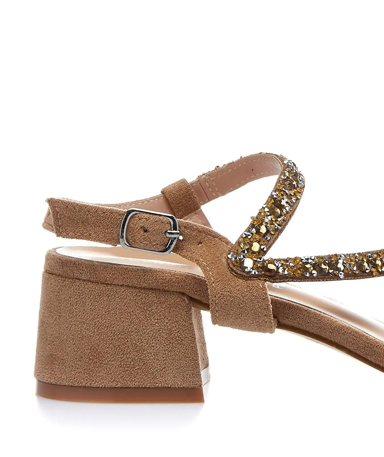 Sandali marroni con tacco con borchie e strass