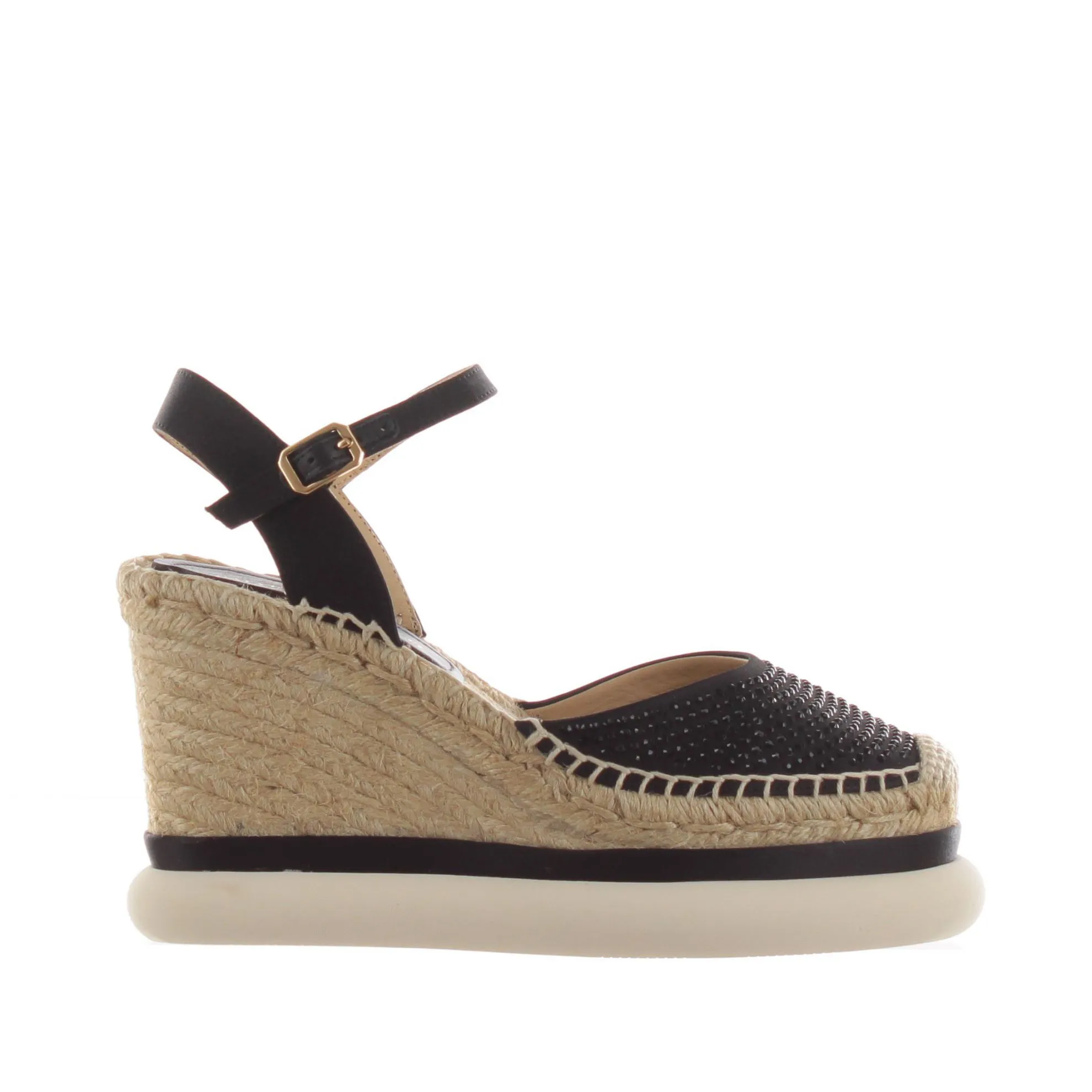 Sandalo in raso con zeppa in juta e strass