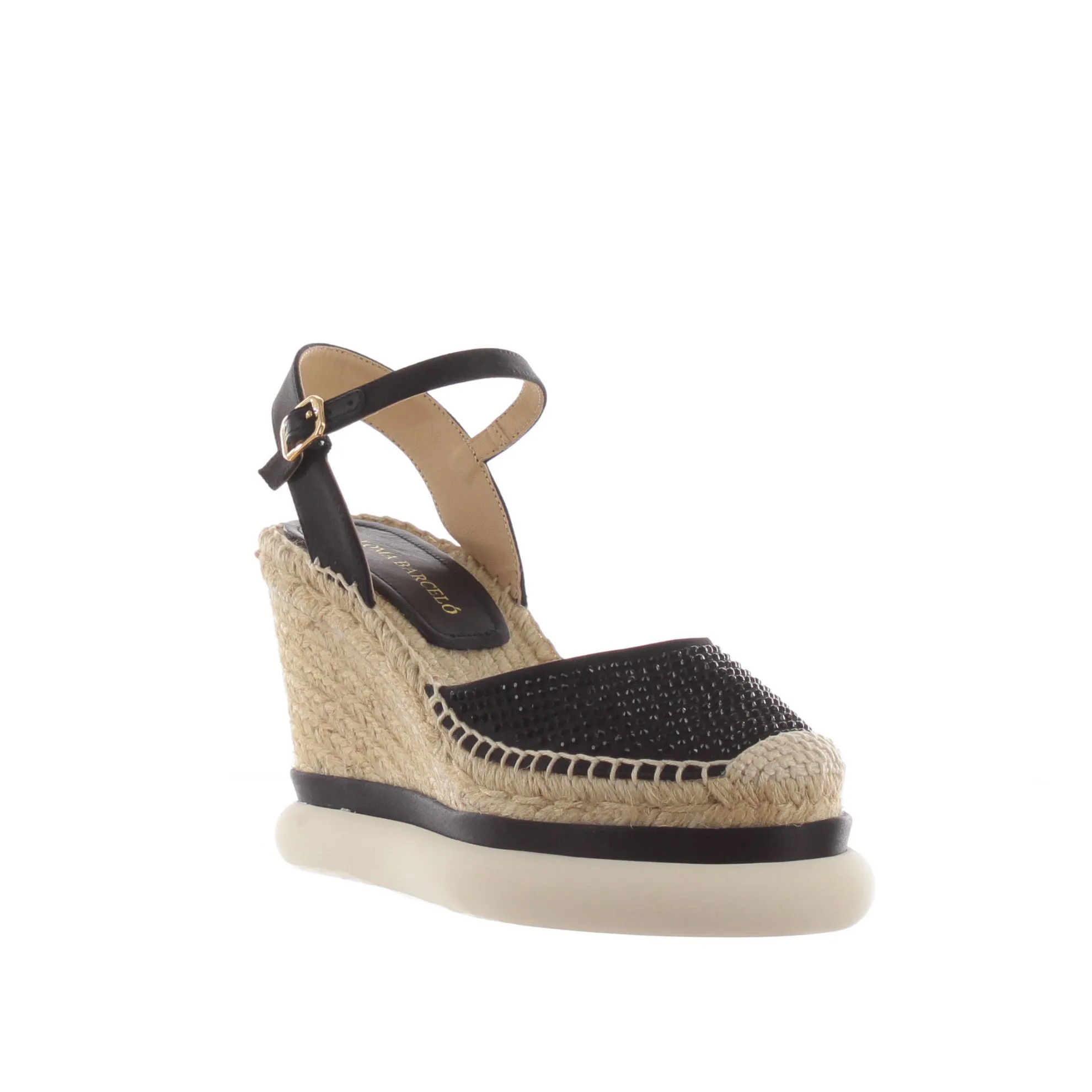 Sandalo in raso con zeppa in juta e strass