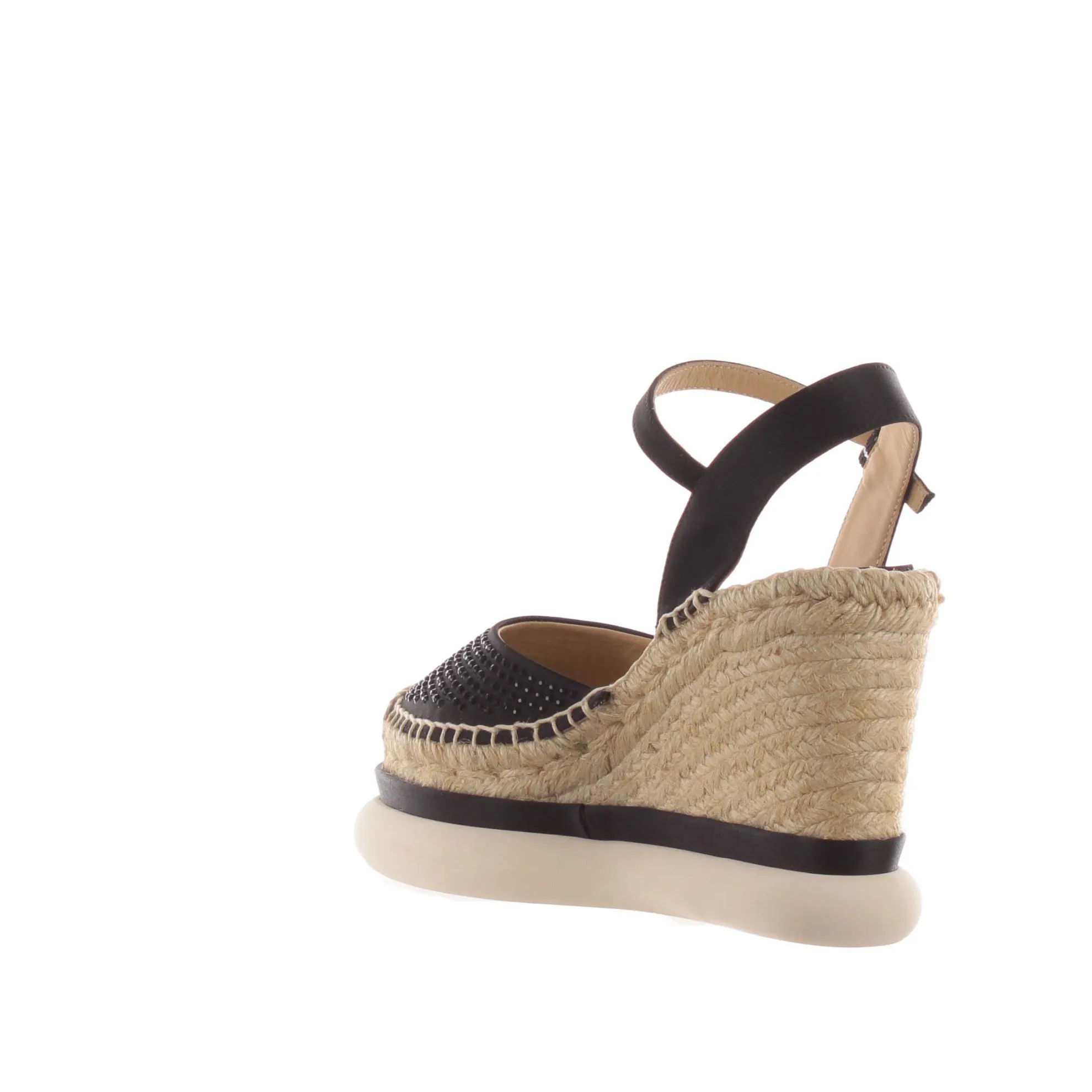 Sandalo in raso con zeppa in juta e strass
