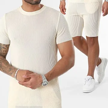 Set camicia a maniche corte e pantaloncini da jogging beige chiaro