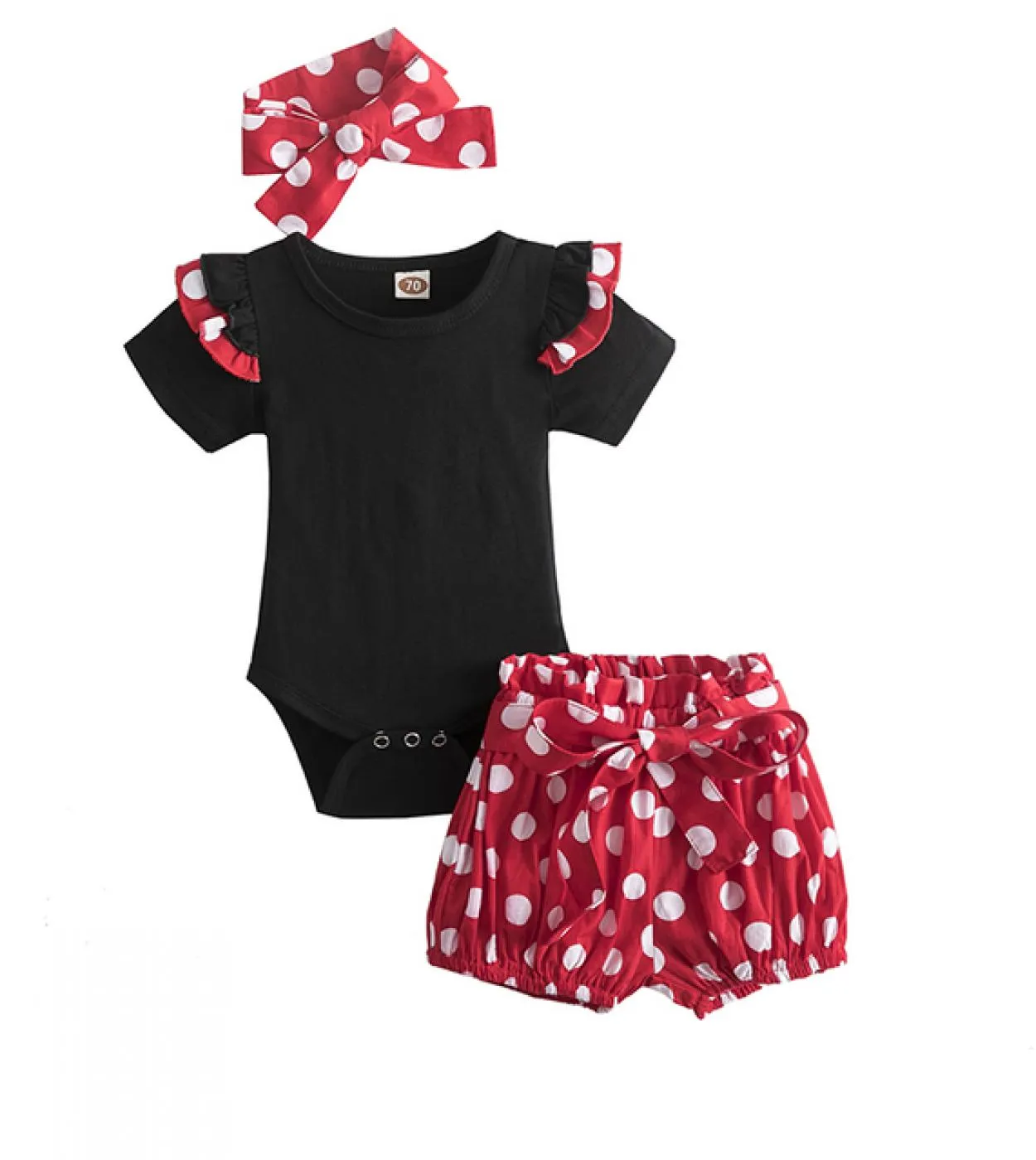 Set di vestiti per bambina per bambini T-shirt senza maniche estiva Top Pantaloncini a pois Pantaloni Vestiti Topo Fascia per ca