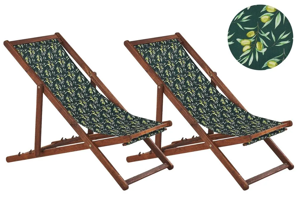 Set of 2 Acacia Folding Deck Chairs and 2 Replacement Fabrics Dark Wood with Off-White / Olives Pattern ANZIO
