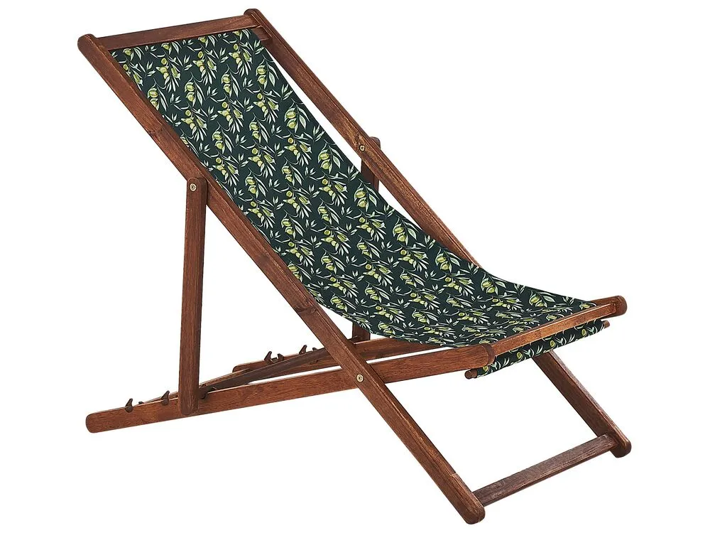 Set of 2 Acacia Folding Deck Chairs and 2 Replacement Fabrics Dark Wood with Off-White / Olives Pattern ANZIO