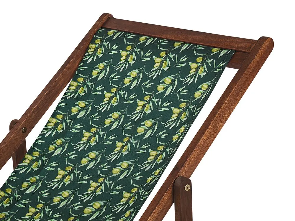 Set of 2 Acacia Folding Deck Chairs and 2 Replacement Fabrics Dark Wood with Off-White / Olives Pattern ANZIO