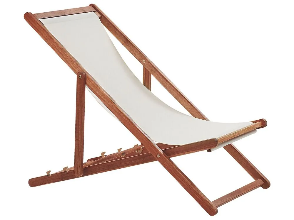 Set of 2 Acacia Folding Deck Chairs and 2 Replacement Fabrics Dark Wood with Off-White / Olives Pattern ANZIO