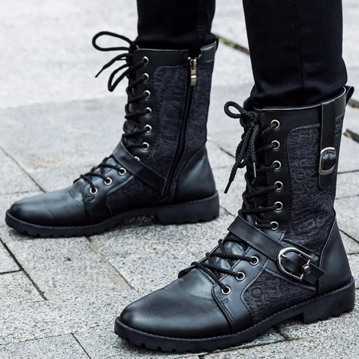 Stivali con plateau da uomo Stivali in pelle stringati alla moda stile britannico con fibbia per cintura a testa tonda Scarpe al