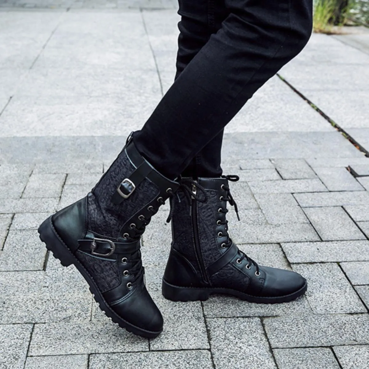 Stivali con plateau da uomo Stivali in pelle stringati alla moda stile britannico con fibbia per cintura a testa tonda Scarpe al