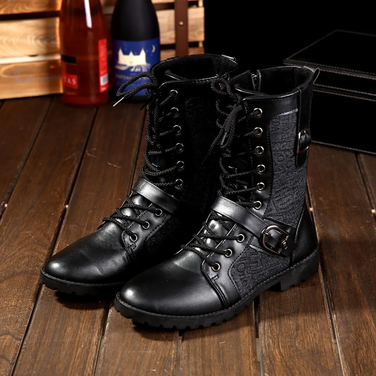 Stivali con plateau da uomo Stivali in pelle stringati alla moda stile britannico con fibbia per cintura a testa tonda Scarpe al