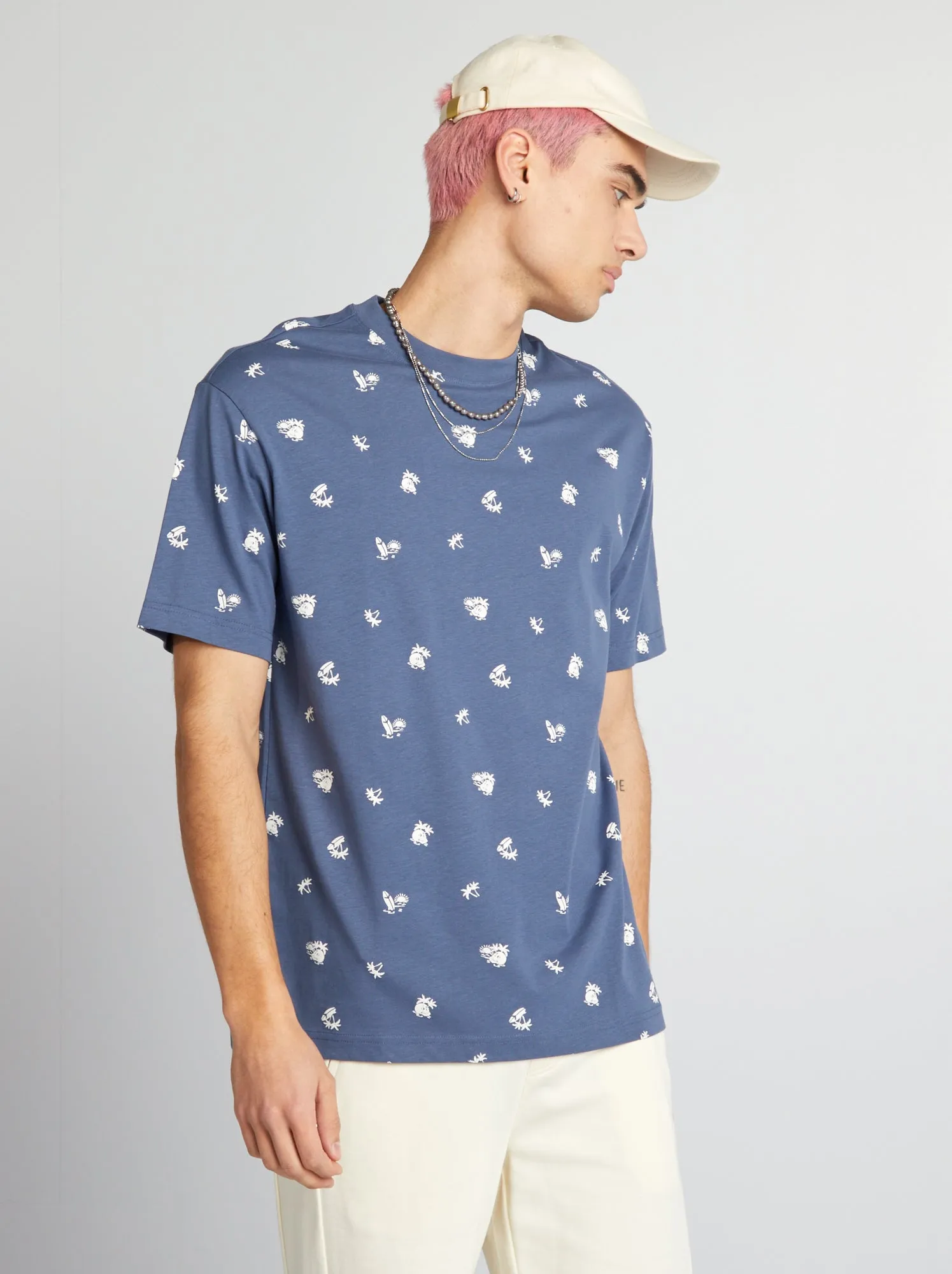 T-shirt scollo tondo con stampa - BLU