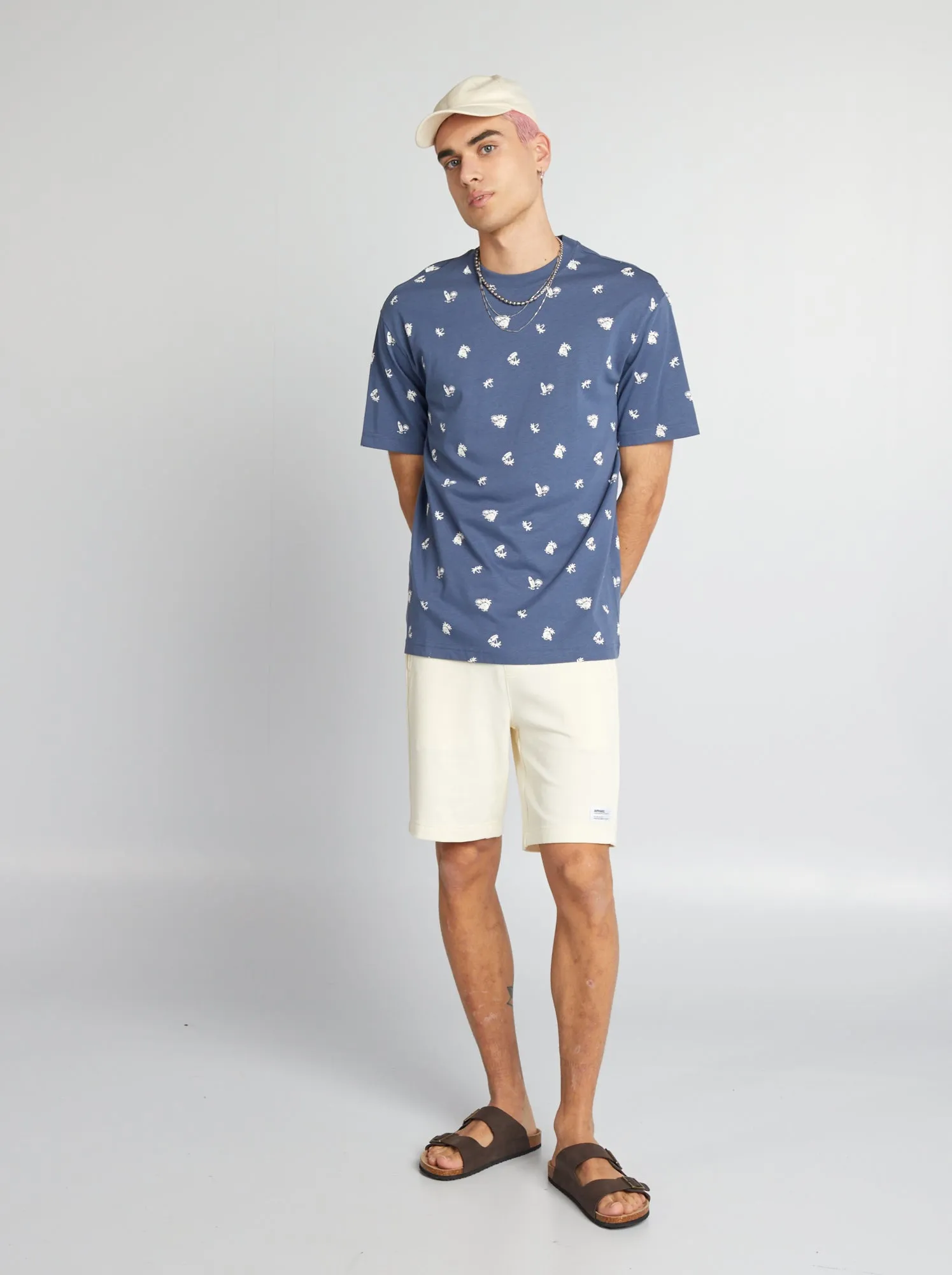 T-shirt scollo tondo con stampa - BLU