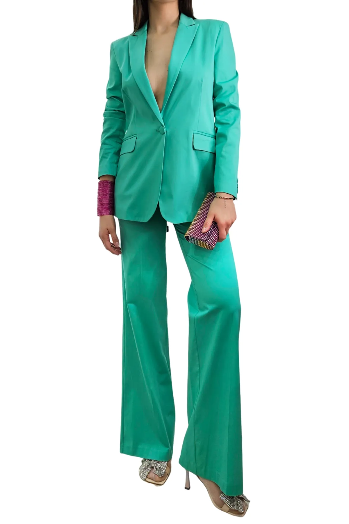 Tailleur donna in cotone seta blazer con apertura schiena culisse regolabile a fiocco pantalone palazzo