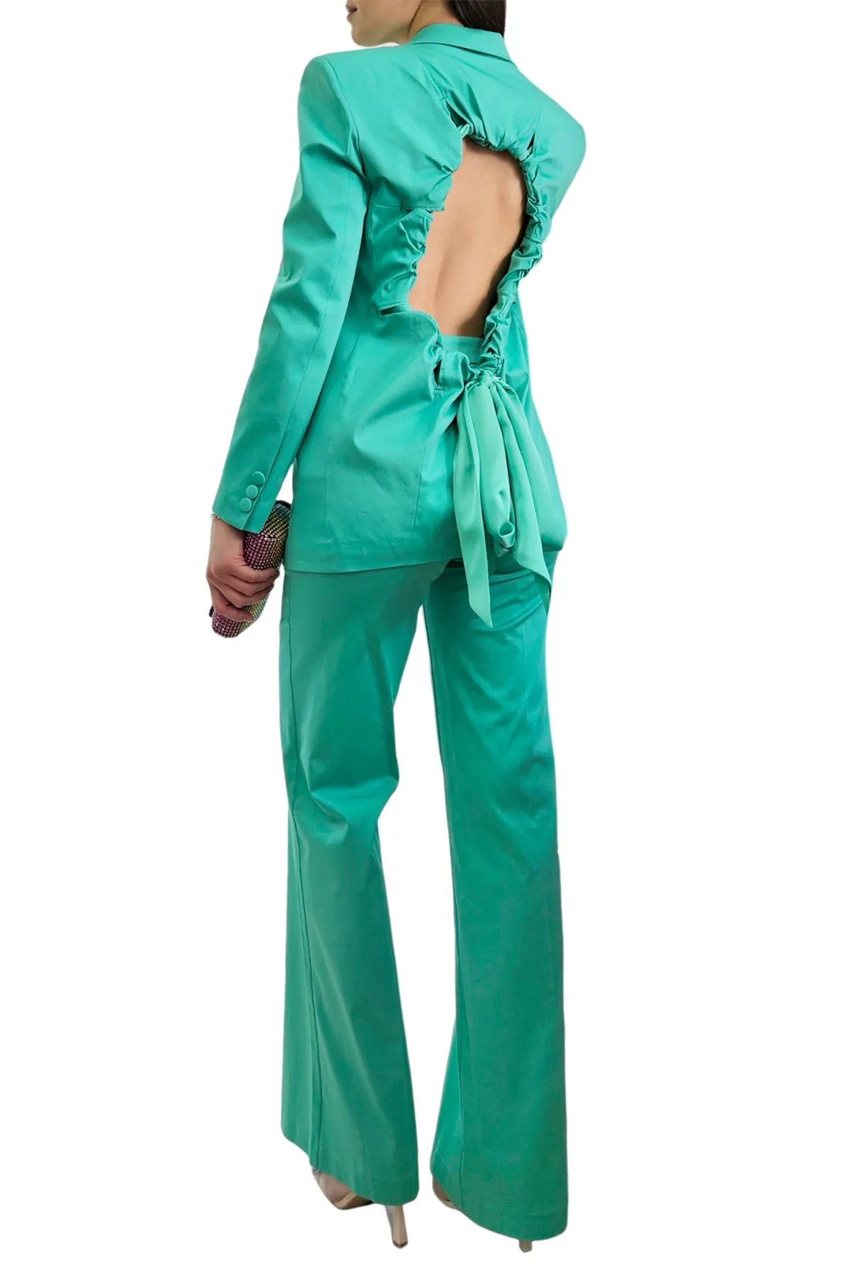 Tailleur donna in cotone seta blazer con apertura schiena culisse regolabile a fiocco pantalone palazzo