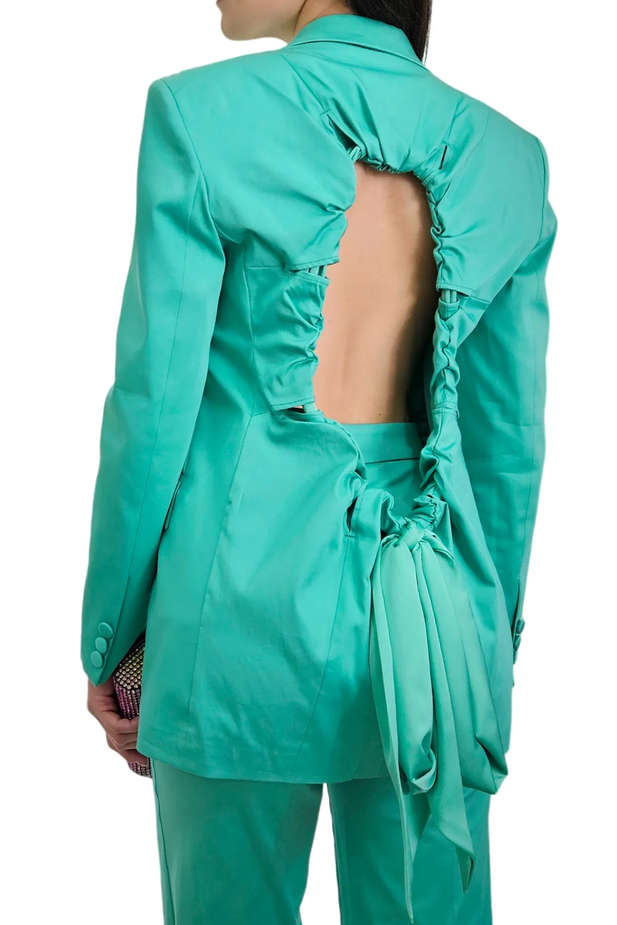 Tailleur donna in cotone seta blazer con apertura schiena culisse regolabile a fiocco pantalone palazzo