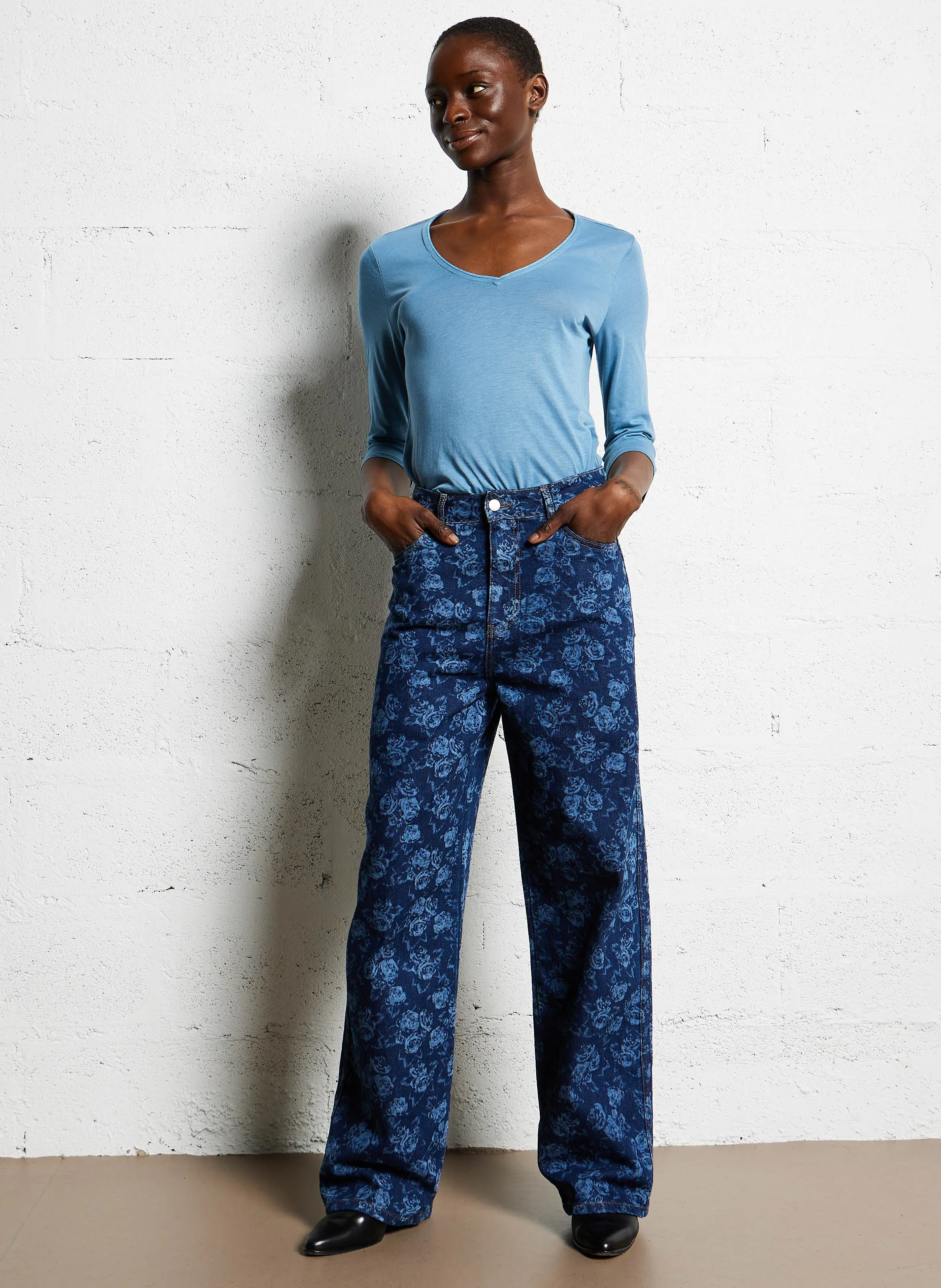  THE TINY BIG SISTER   BERTA ROSES - Pantaloni larghi a fantasia in cotone | Blu
