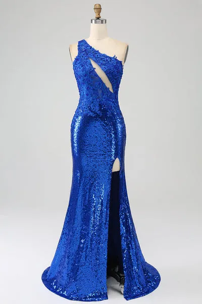 Una spalla Blu Reale Sirena vestito da ballo con fessura