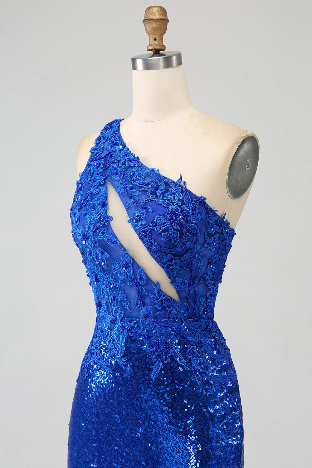 Una spalla Blu Reale Sirena vestito da ballo con fessura