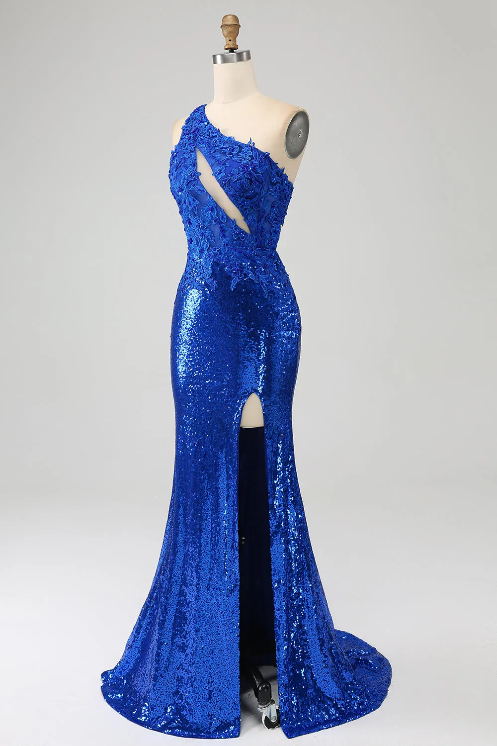 Una spalla Blu Reale Sirena vestito da ballo con fessura
