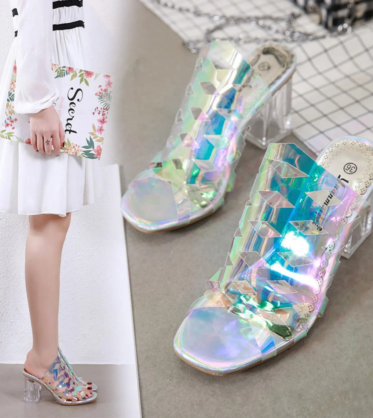 Women Party Slippers Glitter Shoes Women Slippers Square Heel Summer Shoes Fashion Thick Sole Slides Ladies Slippers  Wo